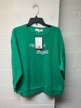 State of Mind Green Embroidered "Merry & Bright" Crewneck